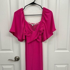 Wide leg pink jumpsuit.